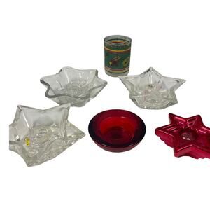 6 Vintage Red Clear Glass Star Round Music Votive Taper Candle Holders